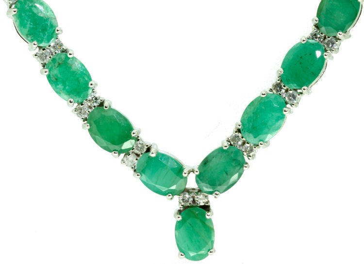 37.00ct Emerald & Diamond Necklace in 14K White Gold