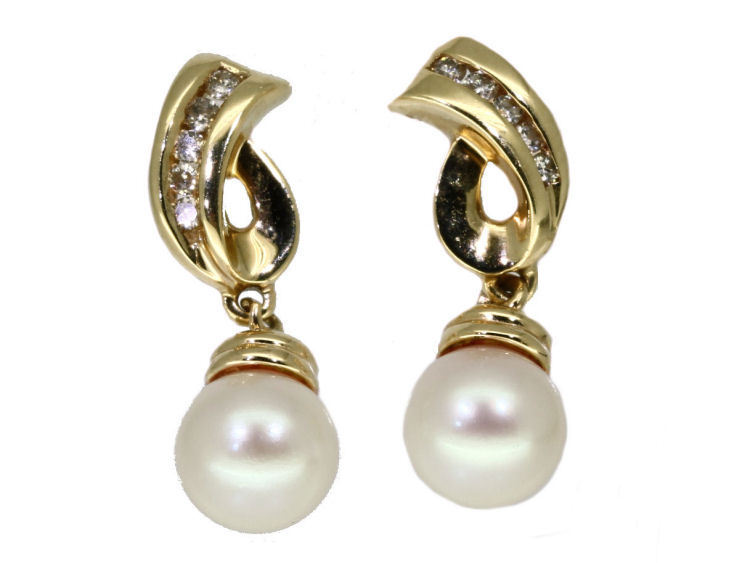 Keshi Pearls & Diamond Earrings Set in 14K Yellow Gold