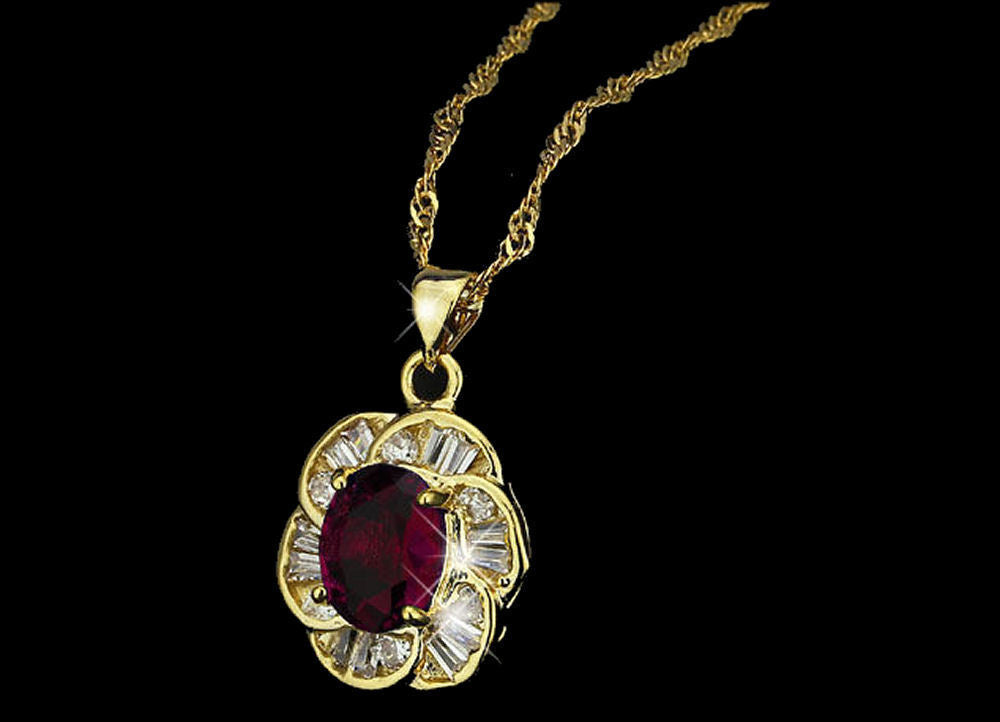 Elegant Red CZ Gold Plated Lady Necklace/ Earrings Jewellery Set - Baguette Shape
