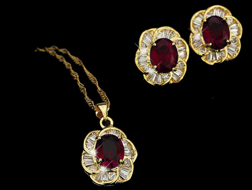 Elegant Red CZ Gold Plated Lady Necklace/ Earrings Jewellery Set - Baguette Shape