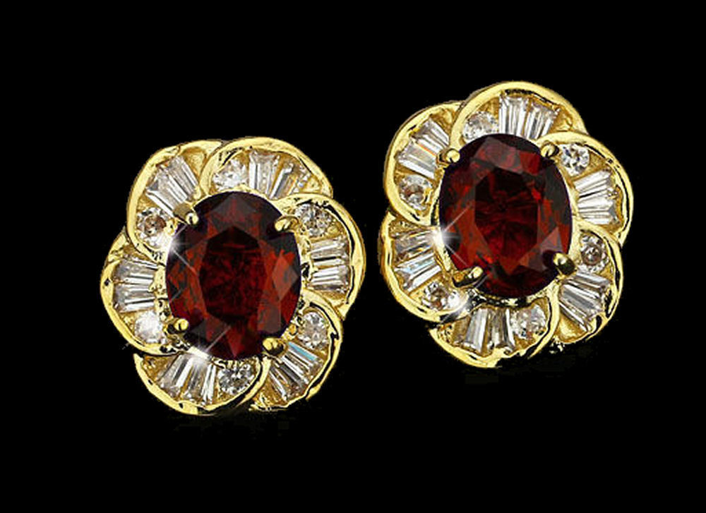 Elegant Red CZ Gold Plated Lady Necklace/ Earrings Jewellery Set - Baguette Shape