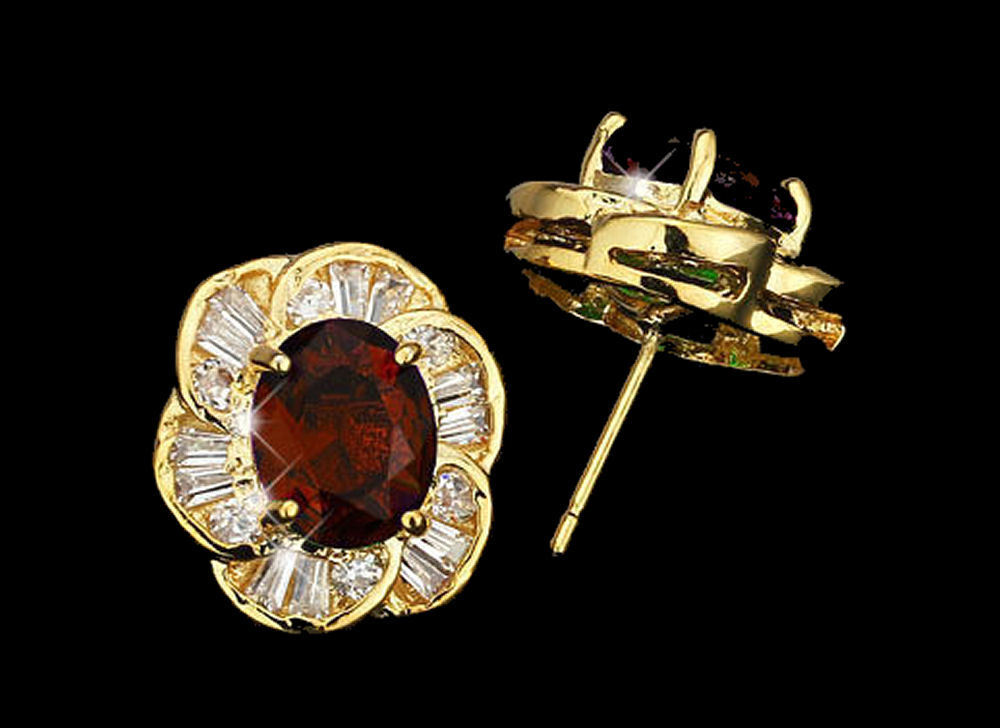 Elegant Red CZ Gold Plated Lady Necklace/ Earrings Jewellery Set - Baguette Shape