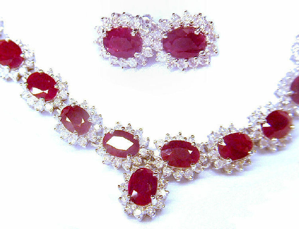Ruby Diamond Necklace Earrings Set in 9K White Gold