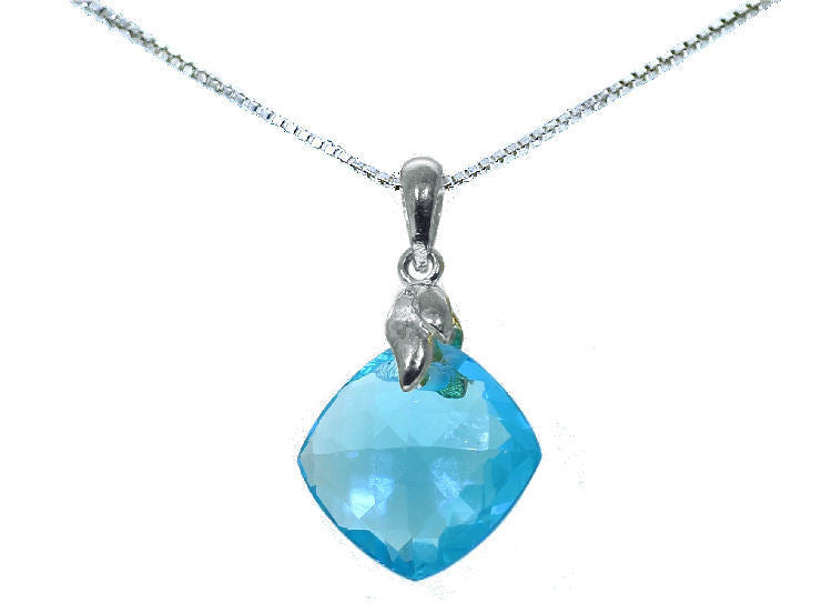 English Topaz Cushion Checker Board Briolette Silver Necklace