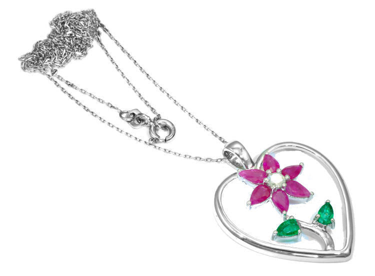1.86ct Ruby, Emerald And Diamond Necklace in 18k White Gold