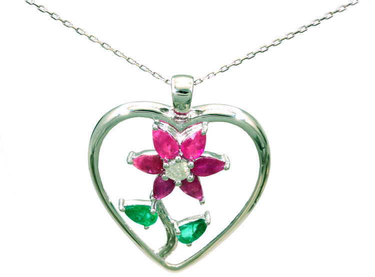 1.86ct Ruby, Emerald And Diamond Necklace in 18k White Gold