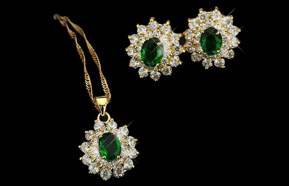 Elegant Green CZ Gold Plated Lady Necklace/ Earrings Jewellery Set