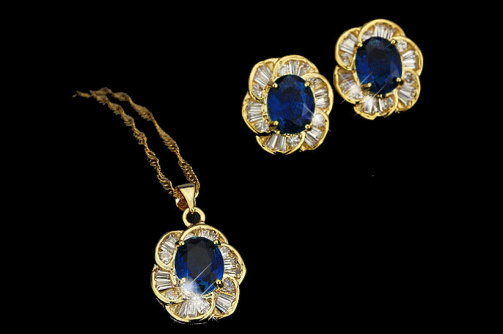Elegant Blue CZ Gold Plated Lady Necklace/ Earrings Jewellery Set - Cluster Style