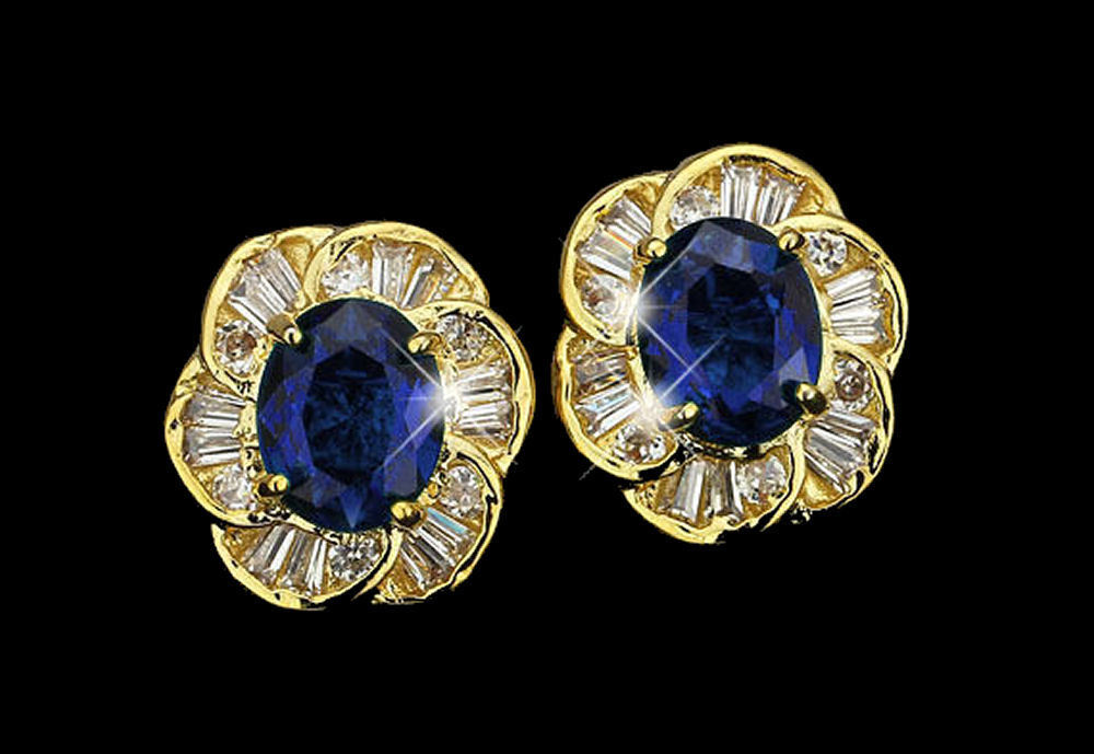 Elegant Blue CZ Gold Plated Lady Necklace/ Earrings Jewellery Set - Cluster Style