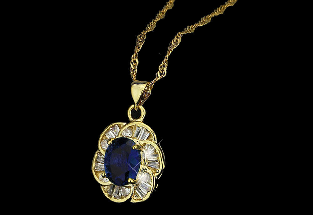 Elegant Blue CZ Gold Plated Lady Necklace/ Earrings Jewellery Set - Cluster Style