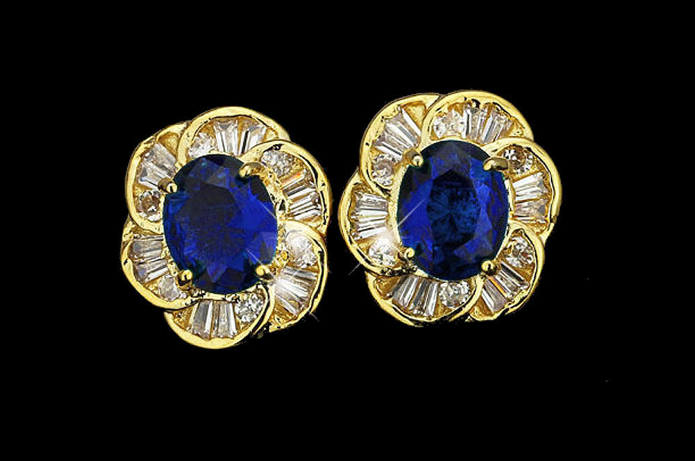 Elegant Blue CZ Gold Plated Lady Necklace/ Earrings Jewellery Set - Cluster Style