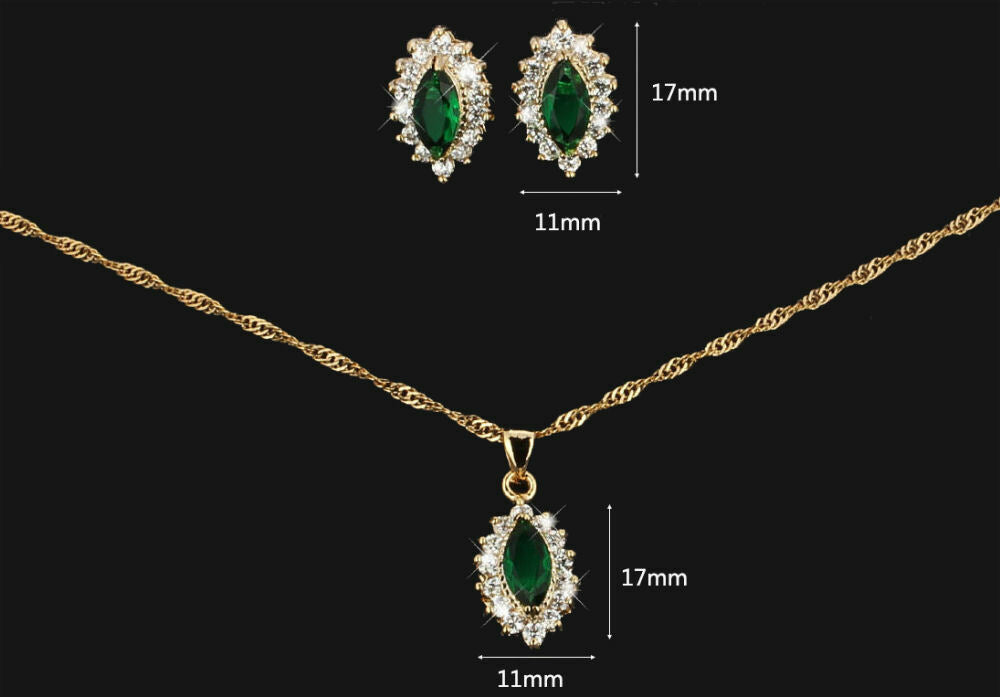 Green CZ Gold Plated Lady Necklace/ Earrings Jewellery Set