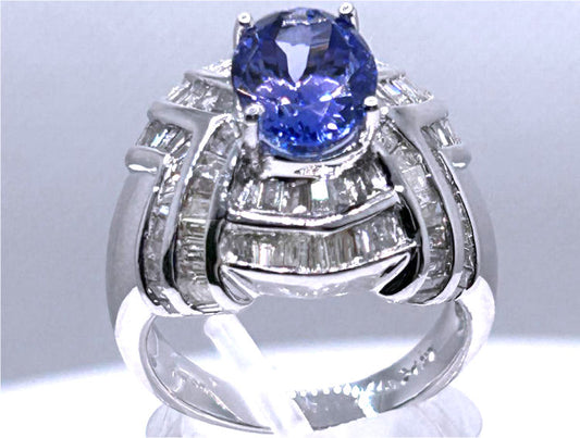 4.41ct Tanzanite & Diamond Ring in 14K White Gold - Round Shape