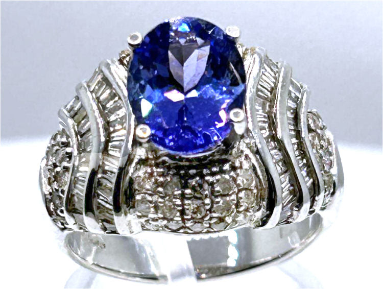 4.41ct Tanzanite & Diamond Ring in 14K White Gold - Baguette Shape