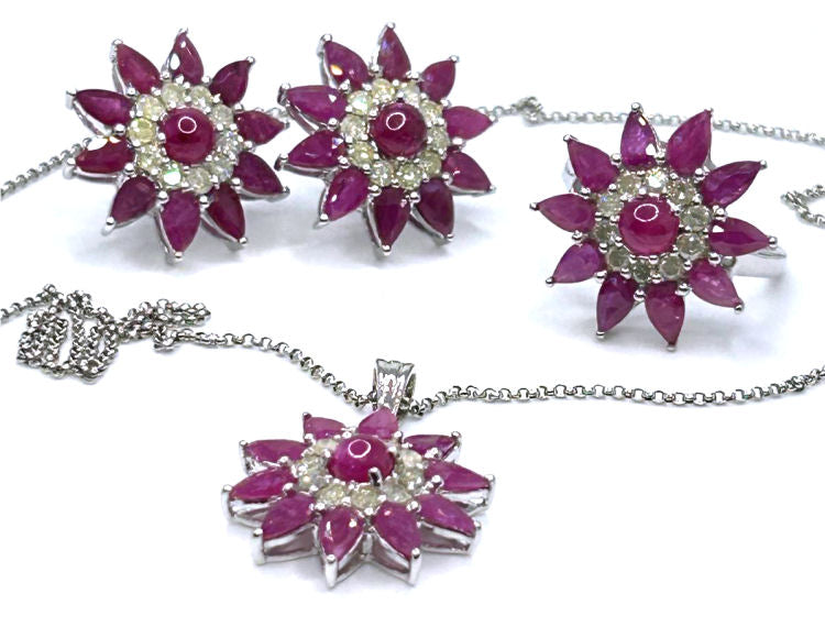 13.44ct Ruby & Diamond Necklace, Ring & Earrings Set in 18K White Gold