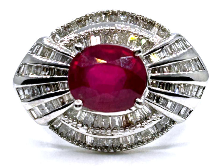 3.18ct Ruby & Diamond Cluster Ring in 14K White Gold
