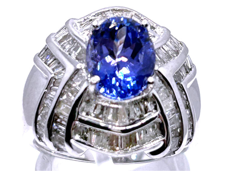 4.41ct Tanzanite & Diamond Ring in 14K White Gold - Round Shape