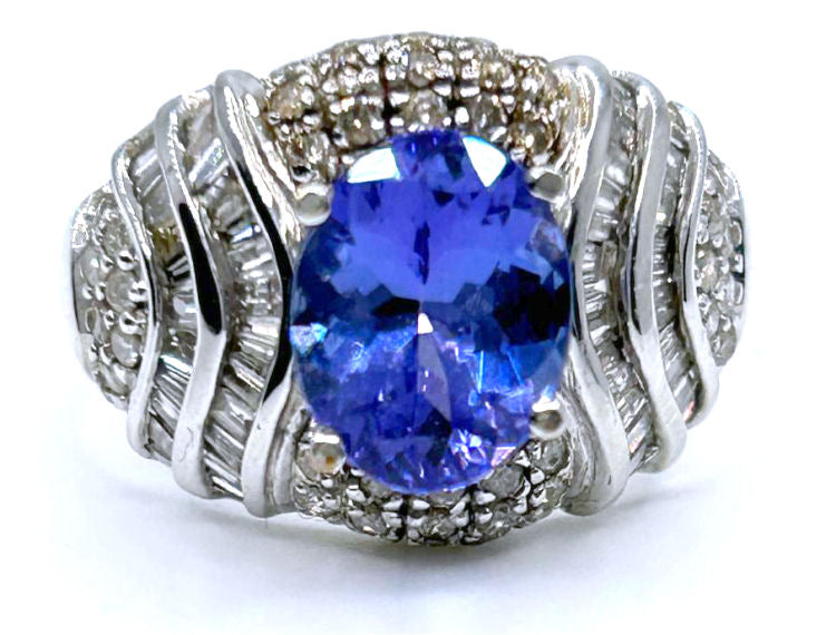 4.41ct Tanzanite & Diamond Ring in 14K White Gold - Baguette Shape