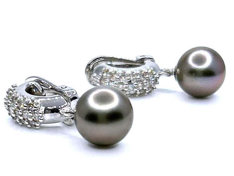 0.60ct Tahitian Pearls & Diamond Drop Earrings in 18K White Gold