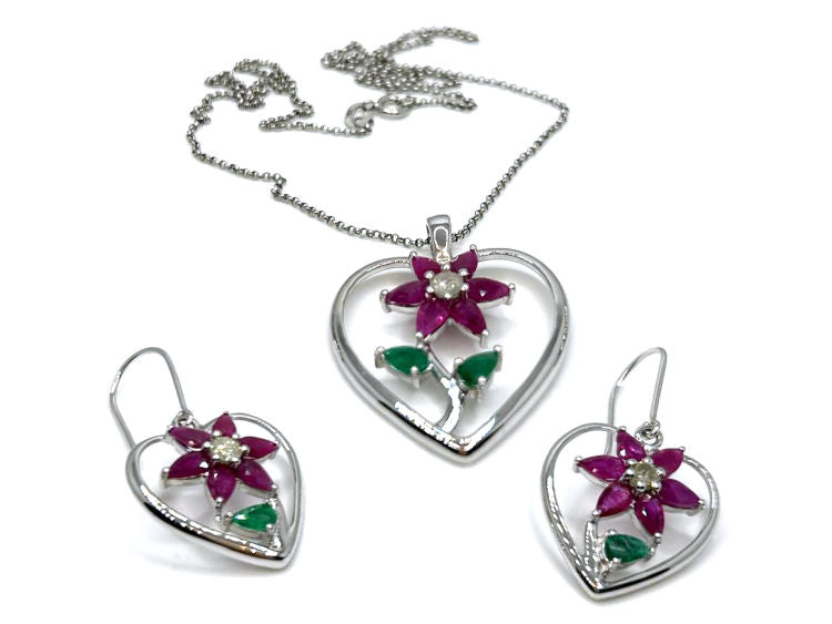 5.62ct Ruby, Emerald & Diamond Neckloace/ Earrings Set in 18K White Gold