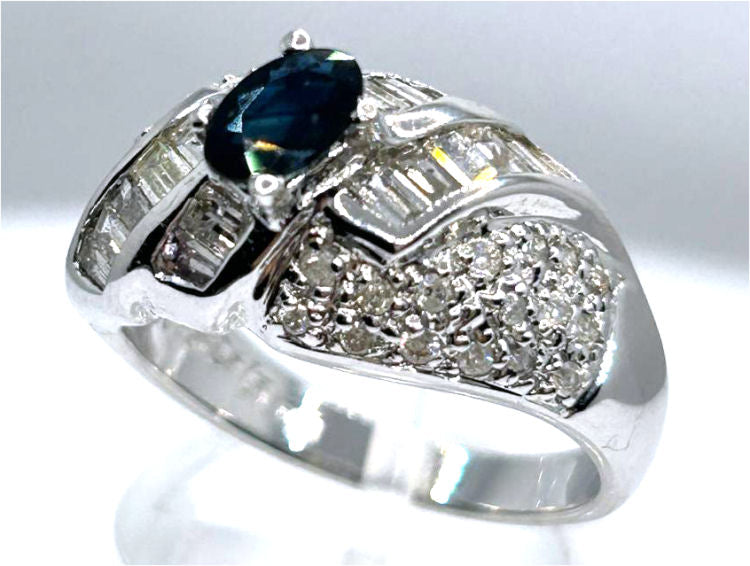1.38 Ct Diamond Blue Sapphire Ring in 18k White Gold