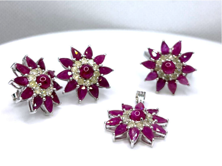 13.44ct Ruby & Diamond Necklace, Ring & Earrings Set in 18K White Gold