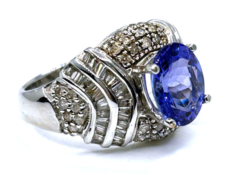 4.41ct Tanzanite & Diamond Ring in 14K White Gold - Baguette Shape