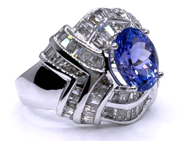 4.41ct Tanzanite & Diamond Ring in 14K White Gold - Round Shape