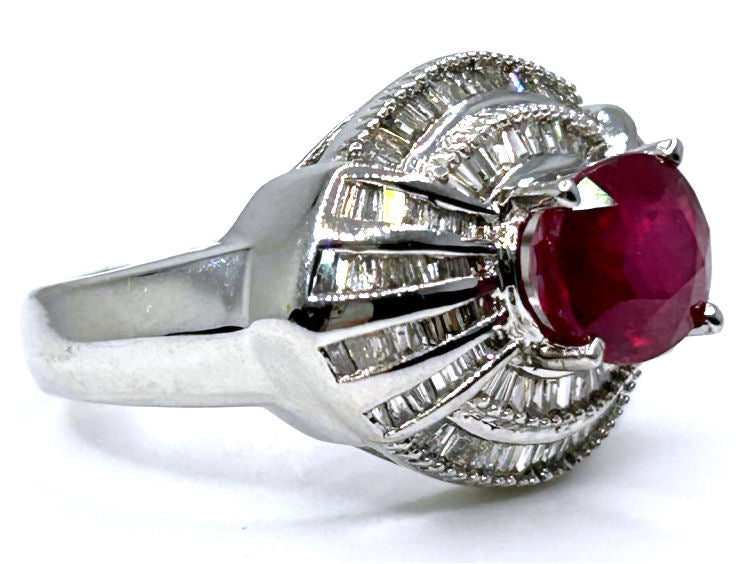 3.18ct Ruby & Diamond Cluster Ring in 14K White Gold