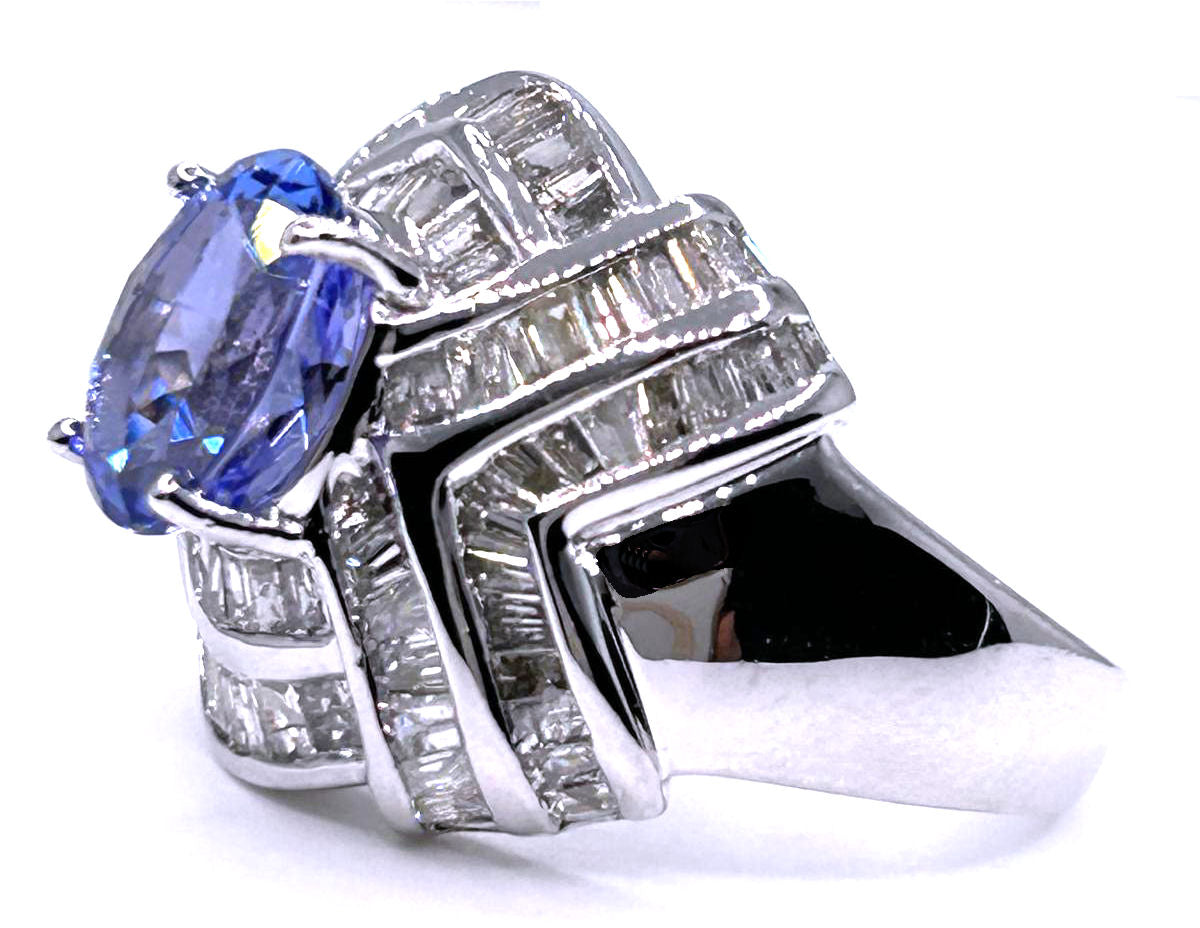 4.41ct Tanzanite & Diamond Ring in 14K White Gold - Round Shape