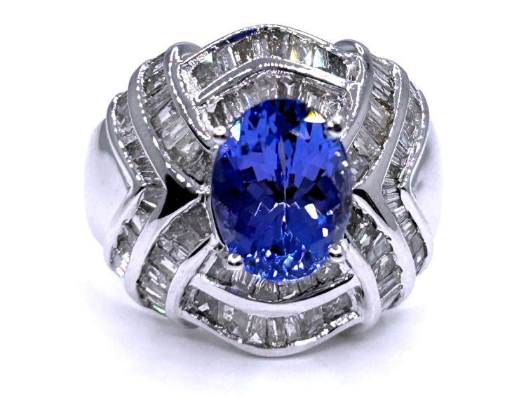 4.41ct Tanzanite & Diamond Ring in 14K White Gold - Round Shape