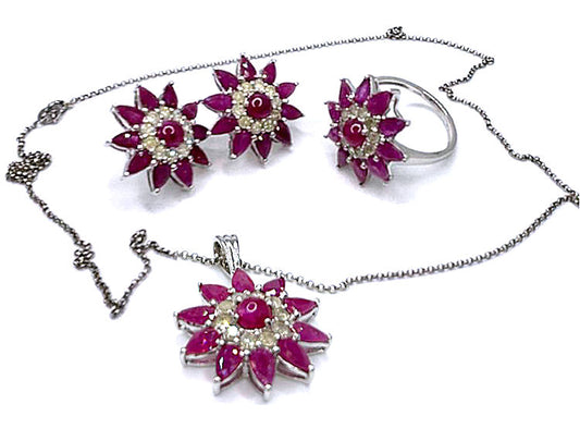 13.44ct Ruby & Diamond Necklace, Ring & Earrings Set in 18K White Gold