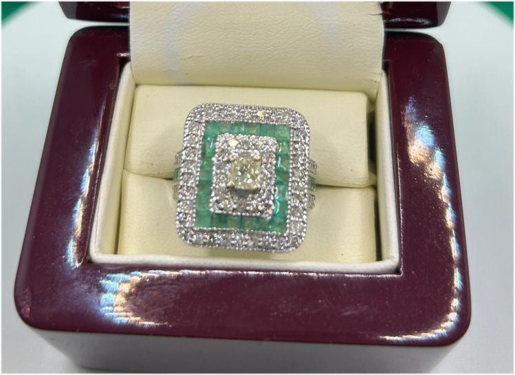 2.96ctw Diamond and Emerald Set in 18K White Gold Ring