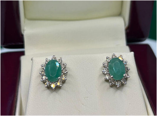 2.50ct Emerald & Diamond Earrings in 14K White Gold