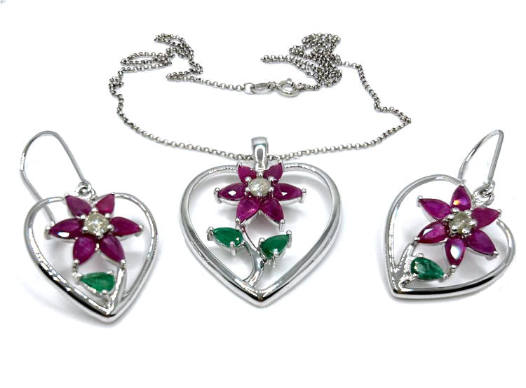 5.62ct Ruby, Emerald & Diamond Neckloace/ Earrings Set in 18K White Gold