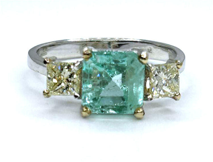 2.29ct Three-Stone Colombian Emerald & Diamond Ring in 14K White Gold