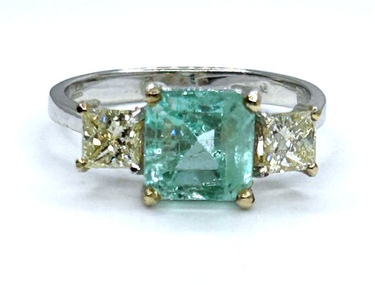 2.29ct Three-Stone Colombian Emerald & Diamond Ring in 14K White Gold