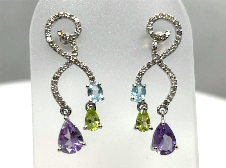 2.20ct Amethyst, Peridot, Aquamarine & Diamond Drop Earrings in 14K White Gold