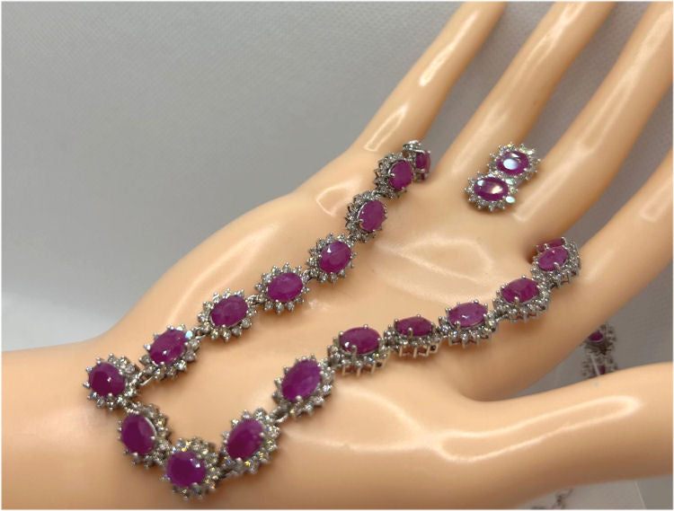 30.40ct Ruby & Diamond Necklace & Earrings Set in 9K White Gold