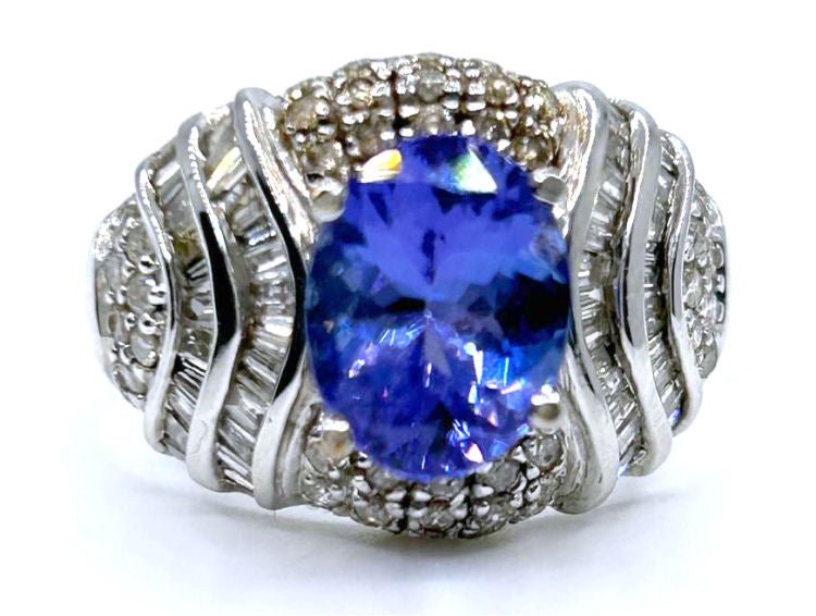4.41ct Tanzanite & Diamond Ring in 14K White Gold - Baguette Shape