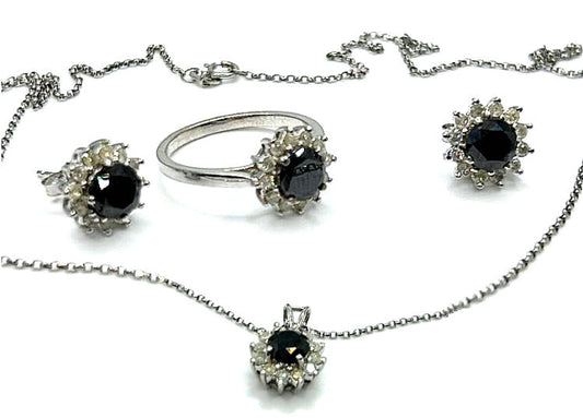 4.00ct Black & White Diamond Necklace, Earrings & Ring Set in 18K & 14K Gold