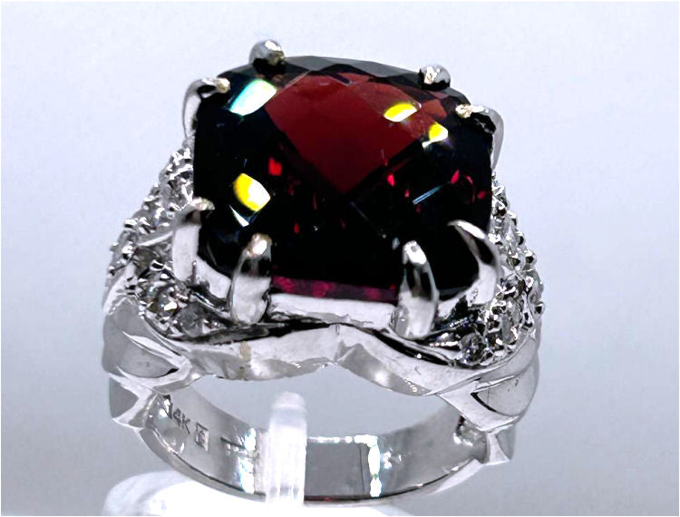 12.56ct Rhodolite & Diamond Ring in 14K White Gold