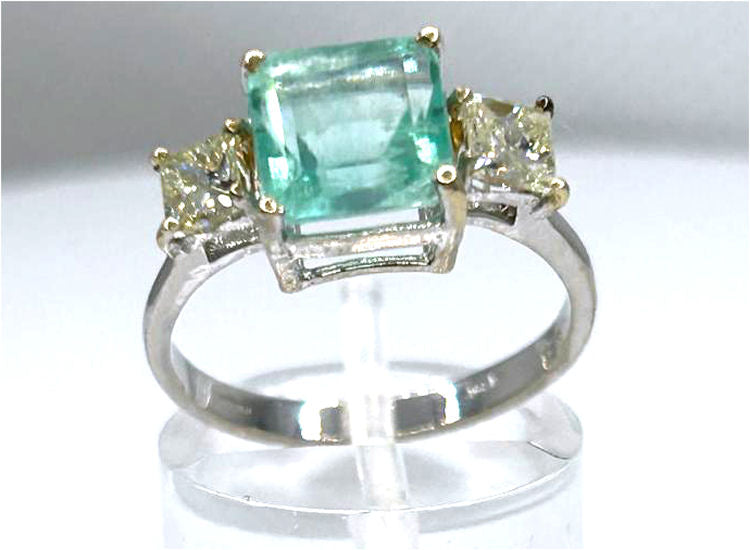 2.46ct Three-Stone Colombian Emerald & Diamond Ring in 14K White Gold