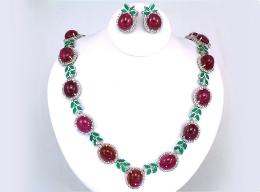 51.09ct Ruby, Emerald & Diamond Necklace & Earrings Set in 14K White Gold