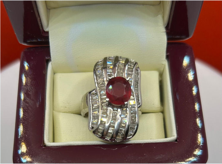 3.83 Carats Ruby Diamond Ring in 14k White Gold
