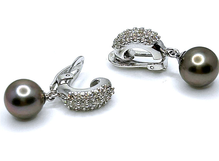 0.60ct Tahitian Pearls & Diamond Drop Earrings in 18K White Gold