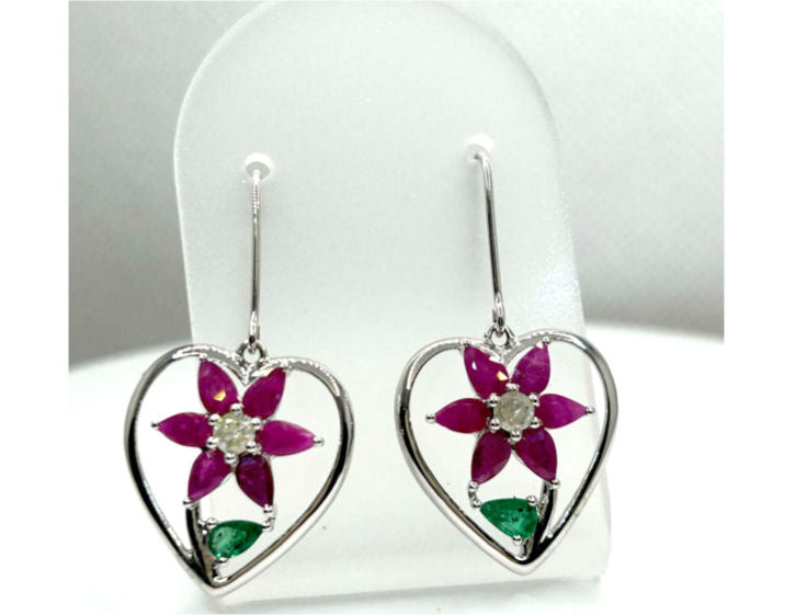 3.76ct Ruby, Emerald & Diamond Earrings in 18K White Gold