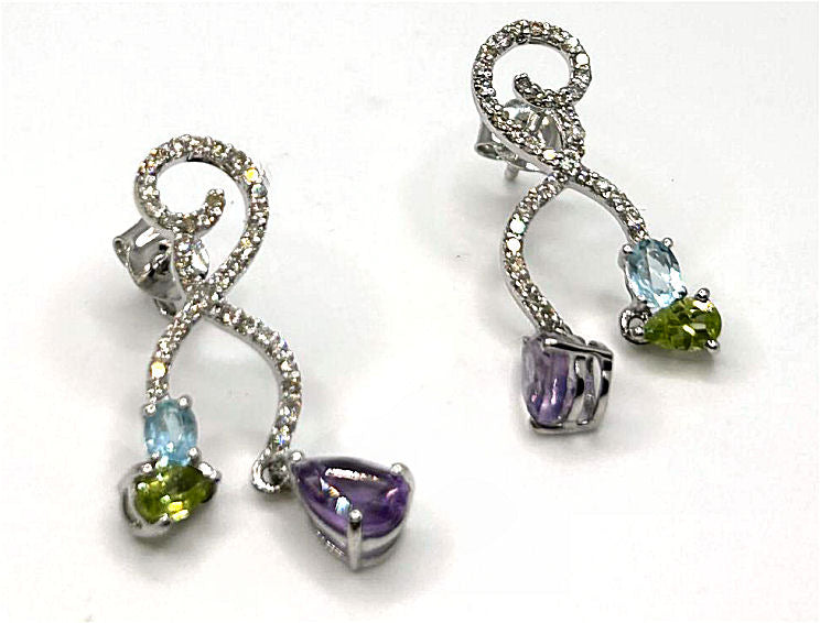 2.20ct Amethyst, Peridot, Aquamarine & Diamond Drop Earrings in 14K White Gold
