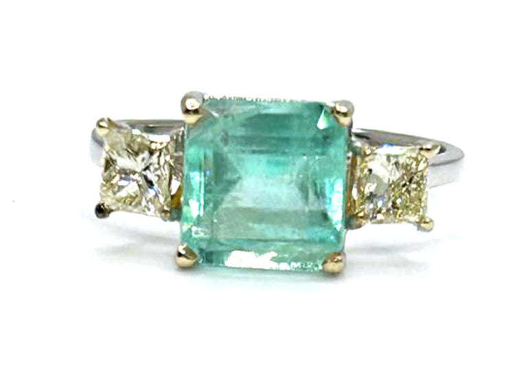 2.46ct Three-Stone Colombian Emerald & Diamond Ring in 14K White Gold
