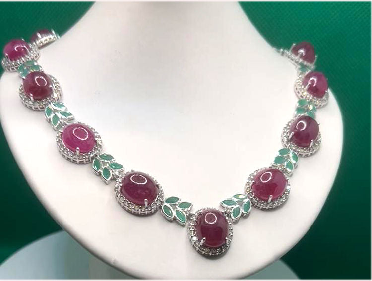 51.09ct Ruby, Emerald & Diamond Necklace & Earrings Set in 14K White Gold